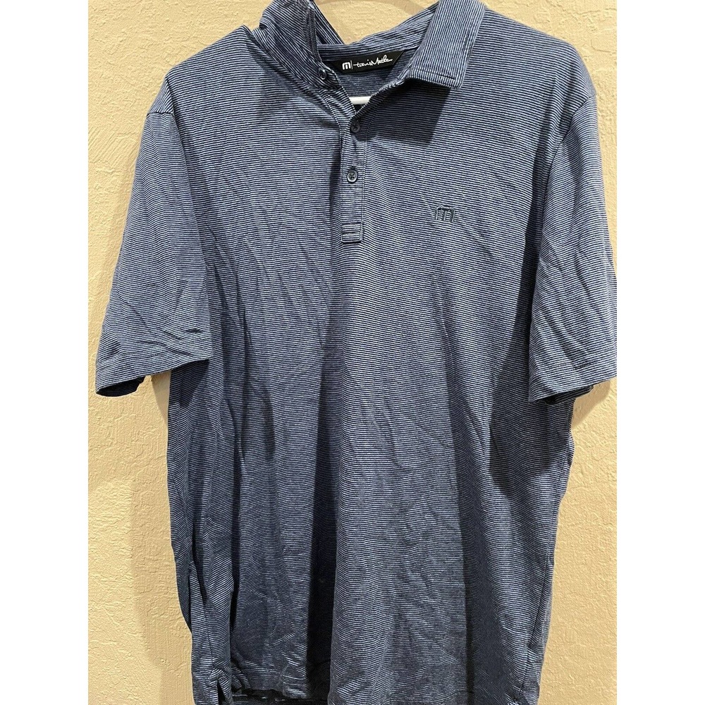 Travis Mathew Shirt Men's Large Blue Short Sleeve Striped Golf Polo Shirt